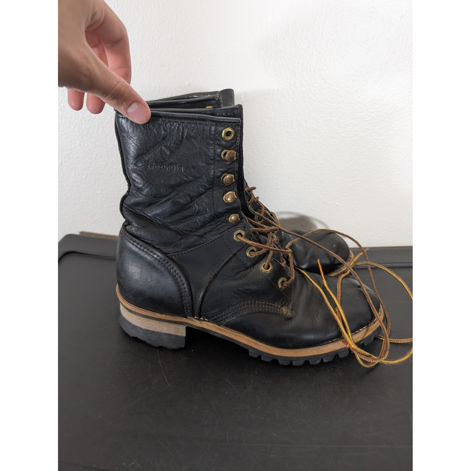 Georgia Boot Loggers Mens 8.5 Black Leather Work Boots Lace Up Lug Sole G8120